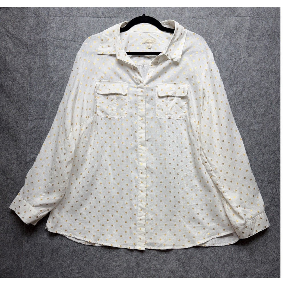 Charter Club Luxury Woman 100% Linen Gold Polka Dot Button Down Shirt White 2X